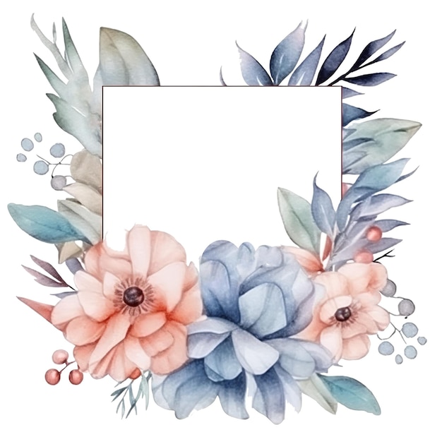 Elegant Blue Pink Florals and Green Leaves Watercolor Frame with Golden Border white background