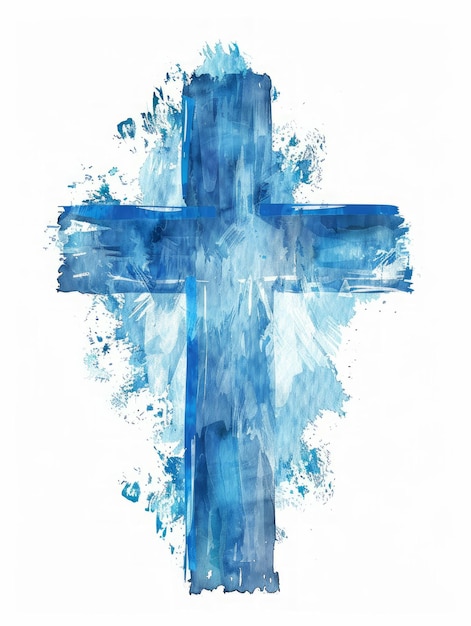 부활절 생성 AI를 위해 스타일화 된 십자가와 함께 우아한 파란 수채화 배경