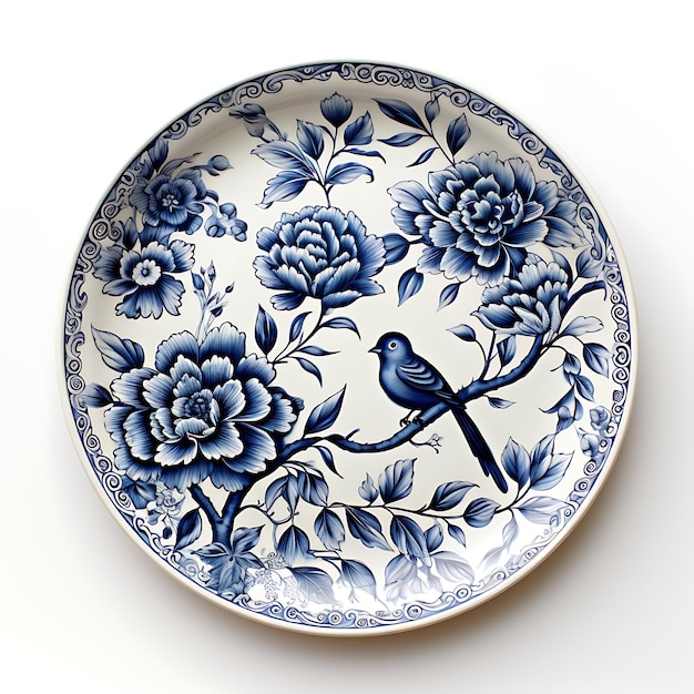 Photo elegant blue and white porcelain appetizer plate oval shape with a h creative concept idea design