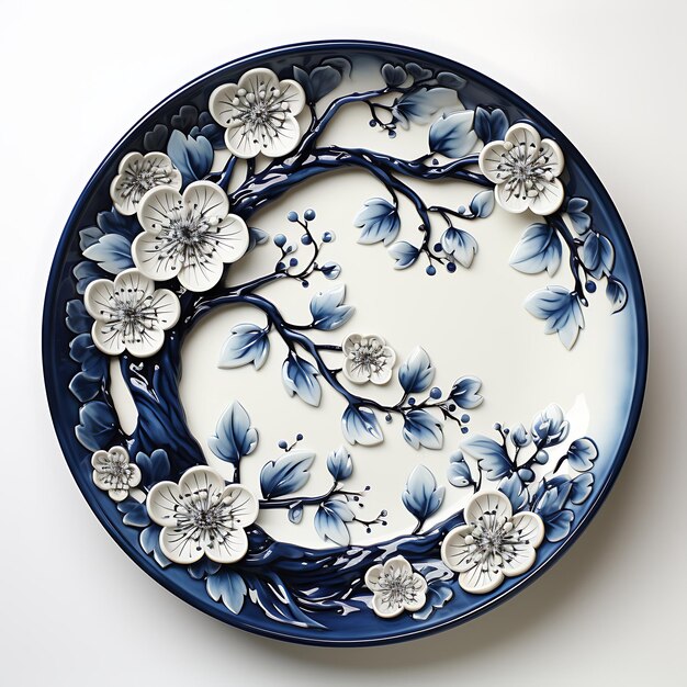 Photo elegant blue and white porcelain charger plate round shape with a ha creative concept idea design