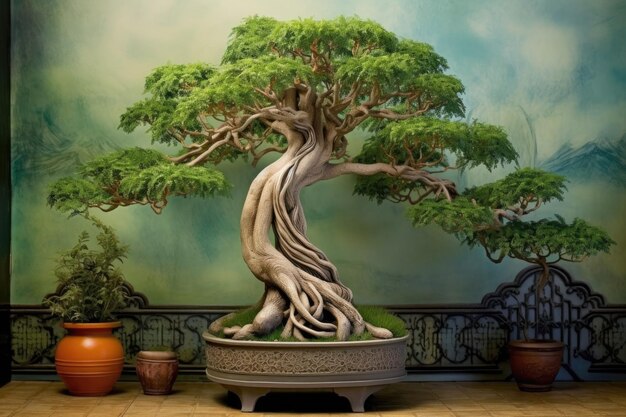 Elegant bonsai tree with intricate branches against a garden backdrop created with generative ai