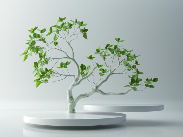 Elegant bonsai tree with lush green leaves on a sleek white circular platform studio setting