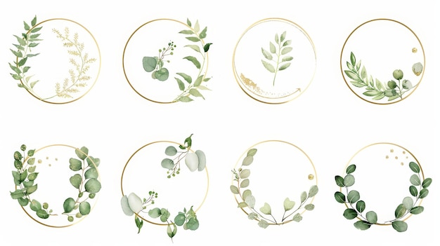Foto un'elegante cornice da matrimonio in oro botanico con forme circolari scintilla rami di foglie di eucalipto fiori e foglie perfetto per inviti e biglietti di auguri di matrimonio