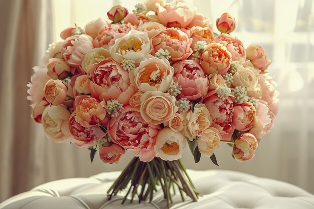 Элегантный букет свежих розовых и персиковых роз с пышной зеленью на мягком белом фоне для