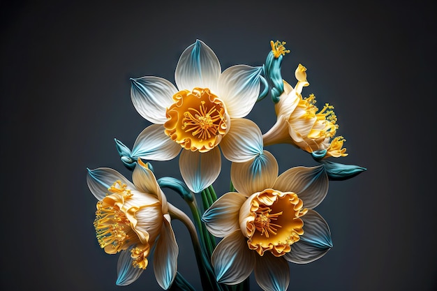 진한 파란색 배경에 황금 매력적인 수선화 꽃의 우아한 꽃다발