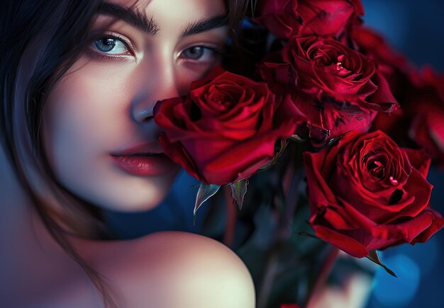 Foto un elegante bouquet di rose rosse con una ragazza in primo piano che trasmette l'essenza del romanticismo