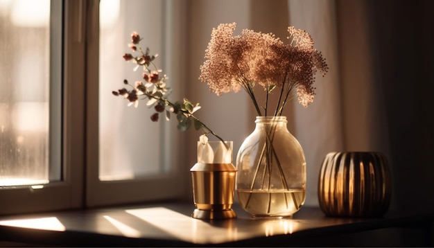 Photo elegant bouquet on rustic table by window generated by ai