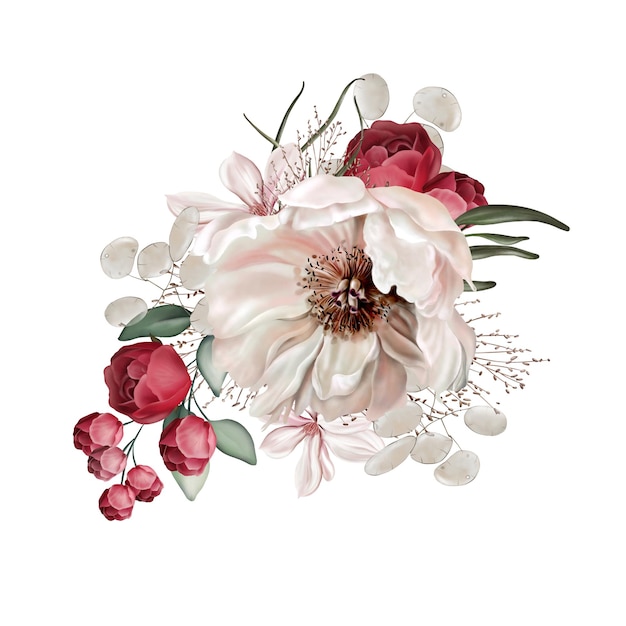 Profumo elegante con rose peonie e foglie di eucalipto