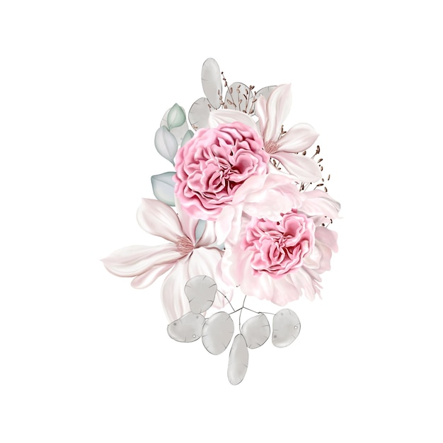 elegant bouquet with peonies roses and eucalyptus leaves