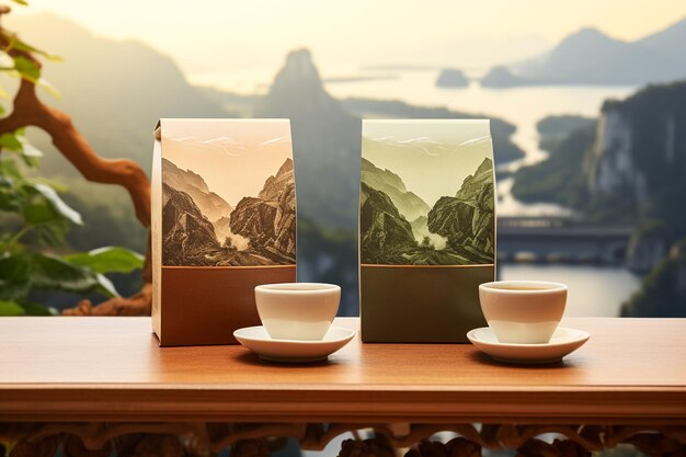 Elegant box packaging mockup with scenic mountain view and natural accents ai generated