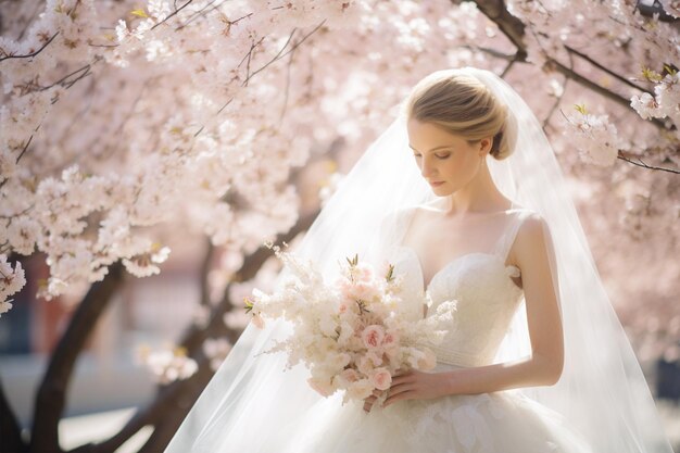 Photo elegant bridal bouquet in treed area