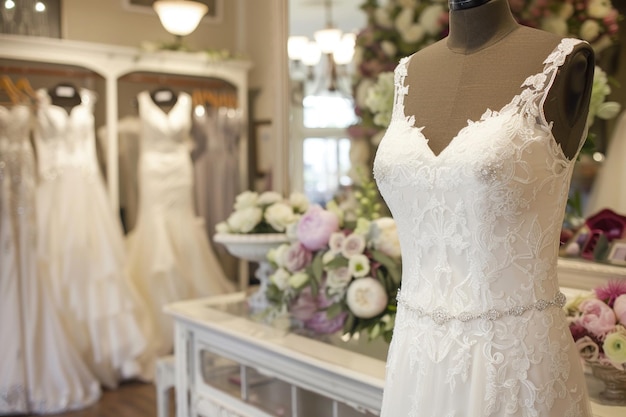 Photo an elegant bridal gowns on display in a boutique setting