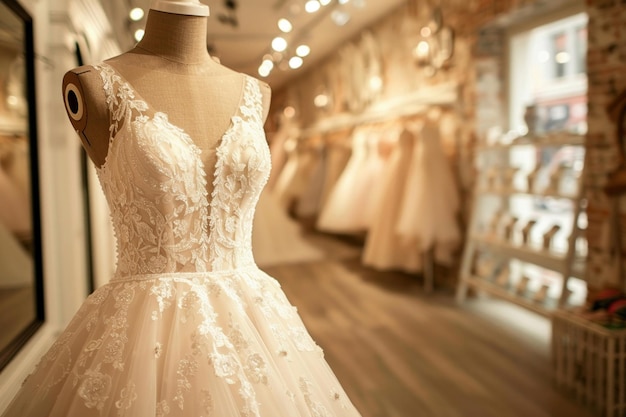 Photo an elegant bridal gowns on display in a boutique setting