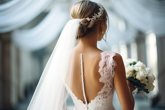 elegant bride before wedding arch in summer