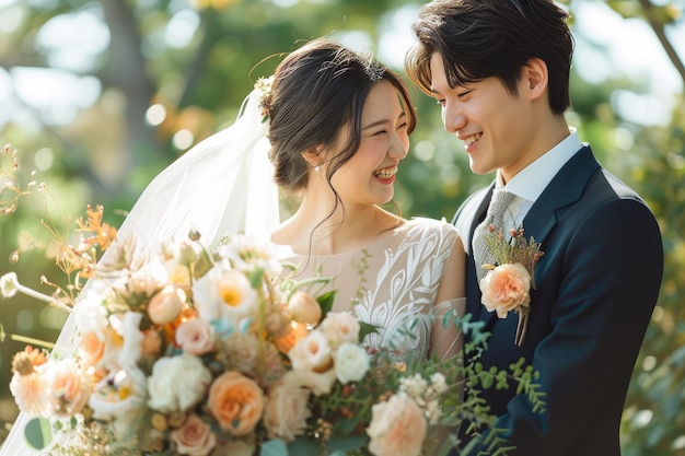 Elegant Bride and Groom in Sunlit Serenity