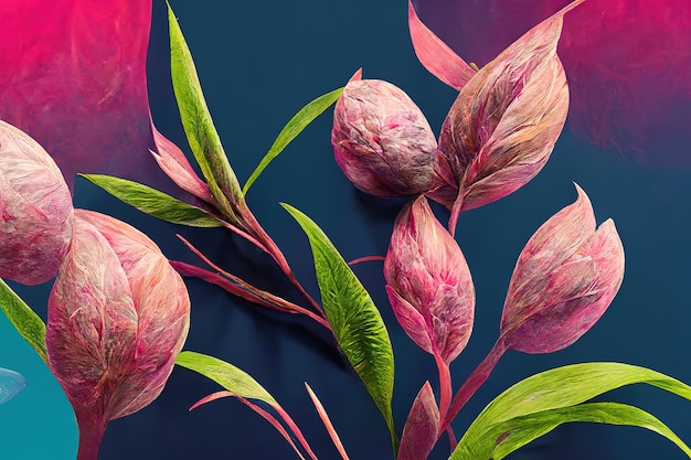Элегантные яркие цветы и ветки на светлом фоне Винтажный цветочный декор для открытки Фэнтезийное растение 3d иллюстрация