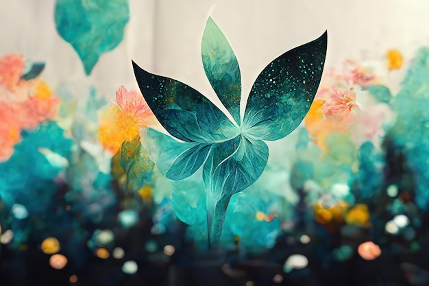 우아한 밝은 꽃과 밝은 배경에 나뭇가지 엽서 판타지 식물 3d 그림에 대 한 빈티지 꽃 장식