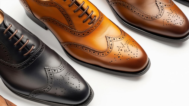 Elegant brogue leather shoes in black and tan with detailed perforations on a white background