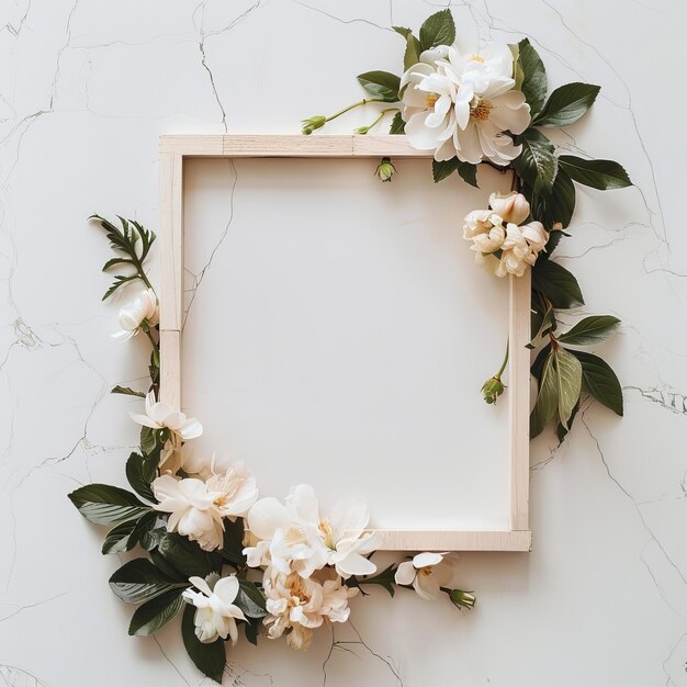 Elegant bruiloftsbloemenframe op een lichtblauwe achtergrond Generatieve AI