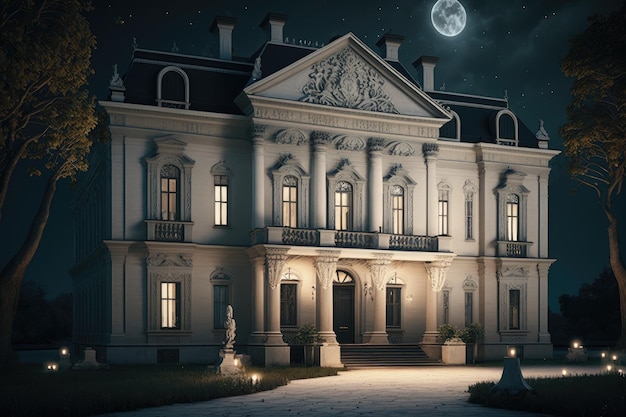 Elegant building of white stone old mansion exterior of a classic house at night