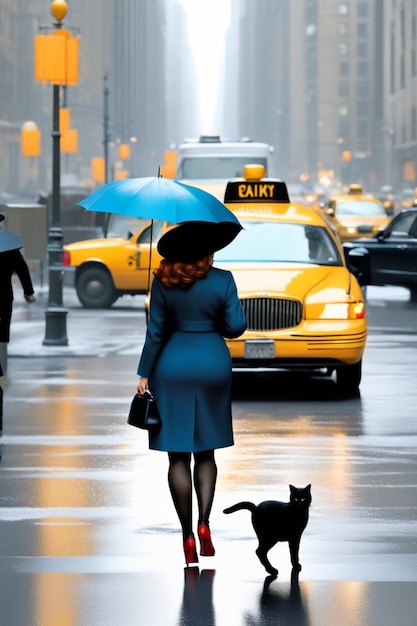 Elegant business woman walk in rainy new york traffic through taxi cabs followed by cat in fall