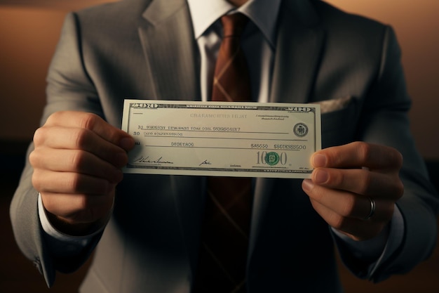 Photo elegant businessman holding a blank check generative ai