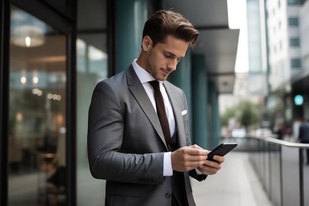 Photo elegant businessman smiling while using smartphone