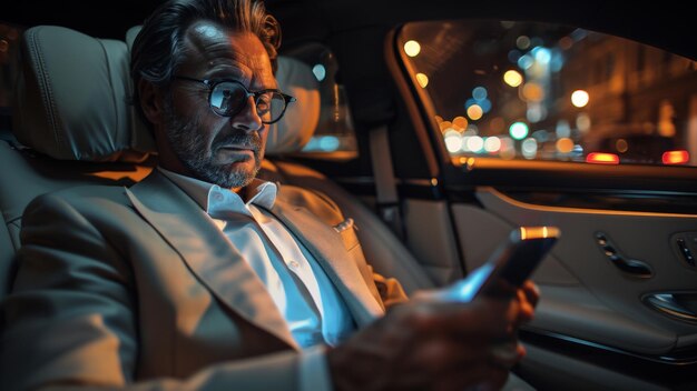 Elegant Businessman Using Smartphone in Car at Night