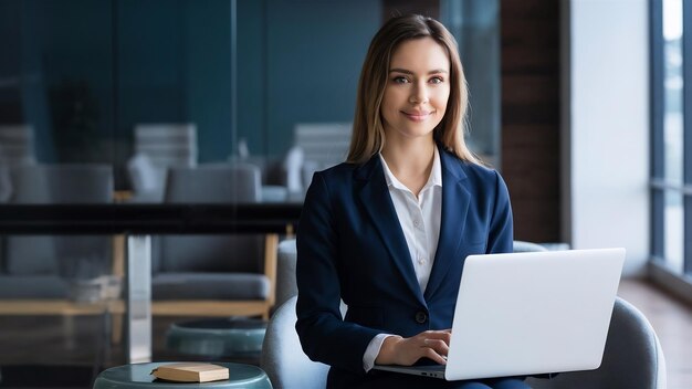 Elegant businesswoman dressed formally sitting with laptop