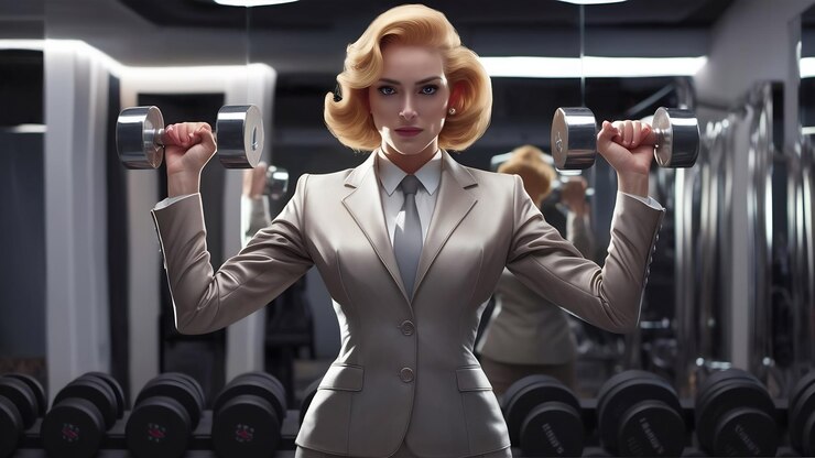Photo elegant businesswoman with dumbbells