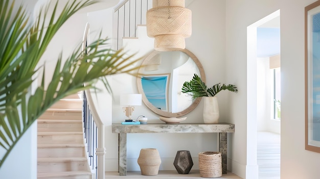 Photo elegant california coastal beach house entryway with caribbean inspired decor and accents