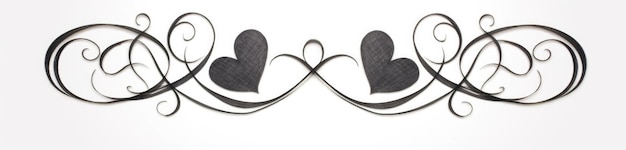 Elegant calligraphic ornament of two swirling black hearts and curly lines on a white background