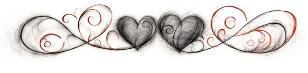 白い背景に2つの黒い心臓と<unk>状の線が回転する優雅な書道装飾