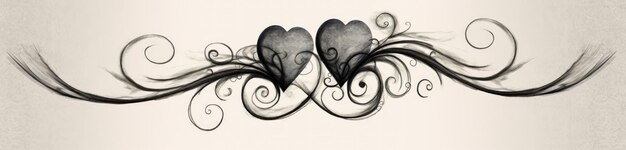 Elegant calligraphic ornament of two swirling black hearts and curly lines on a white background