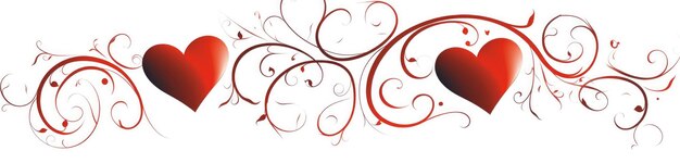 Elegant calligraphic ornament of two swirling red hearts and curly lines on a white background