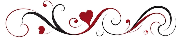 Elegant calligraphic pattern of swirling red hearts and curly lines on a white background