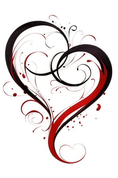 Elegant calligraphic pattern of swirling red hearts and curly lines on a white background