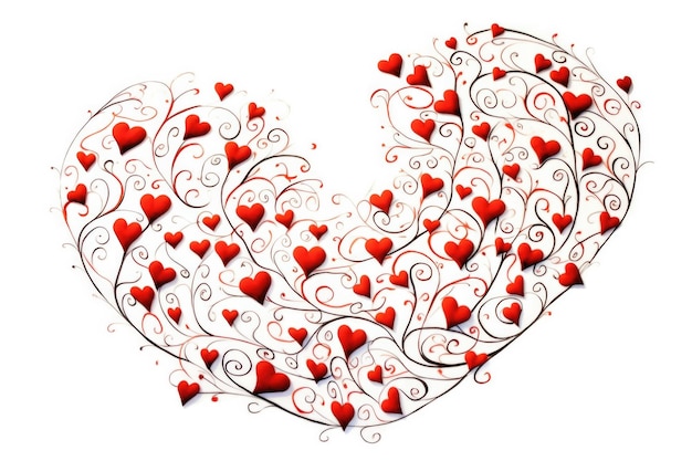 Элегантный каллиграфический рисунок крутящихся красных сердец и кудрявых линий на белом фоне