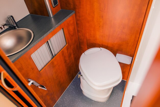 Elegant camper rv bathroom with cassette toilet rving in style