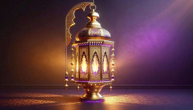Фото Элегантный вырезанный арабский винтажный фонарь на фиолетовом фоне с копировальным пространством