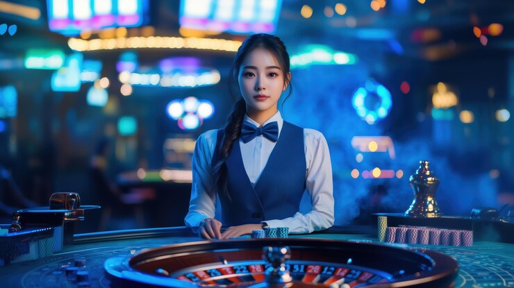 Photo 네온 불빛으로 활기찬 카지노 환경에서  테이블에 서 있는 우아한 카지노 크루피어
