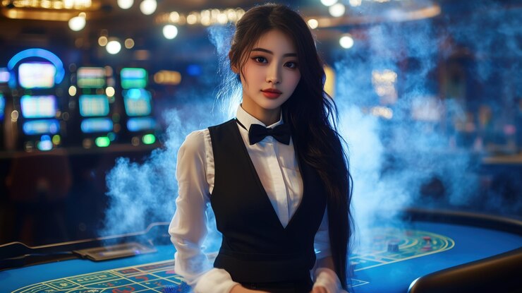 Photo 럭셔리 카지노 환경 에서  테이블  에 서 있는 정식 의 옷 을 입은 우아 한 카지노 러