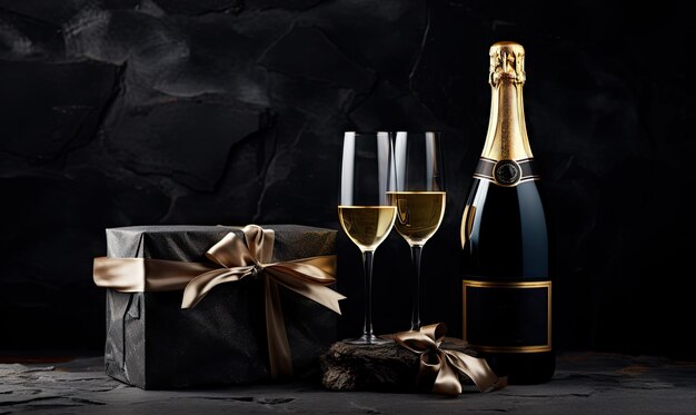 Elegant celebration scene with a luxurious gift box and champagne bottle suggesting a festive opulent Christmas AI generative