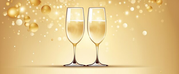 An elegant and celebratory scene with crystal champagne flutes filled to the brim with golden bubbles set against a sparkling background