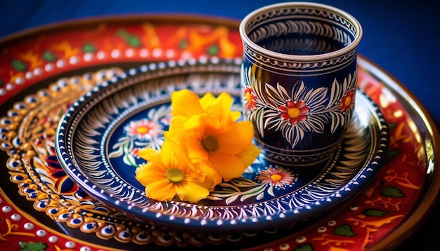 Foto un'elegante piastra di ceramica con motivi tradizionali pakistani impostati contro un pulito