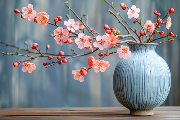 Elegant Ceramic Vase With Blossoming Pink and White Flowers on a Wooden Table