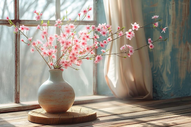 Photo elegant ceramic vase with blossoming pink and white flowers on a wooden table