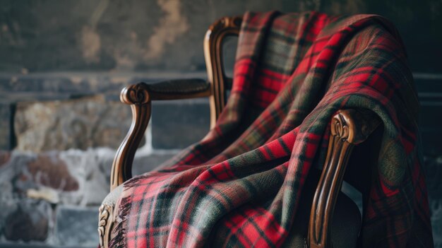 An elegant chair draped with a cozy plaid blanket