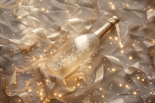 Photo elegant champagne bottle with sparkling ribbons and glitter on silk background