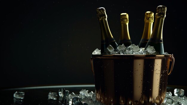 Photo elegant champagne bottles in ice dark ambiance